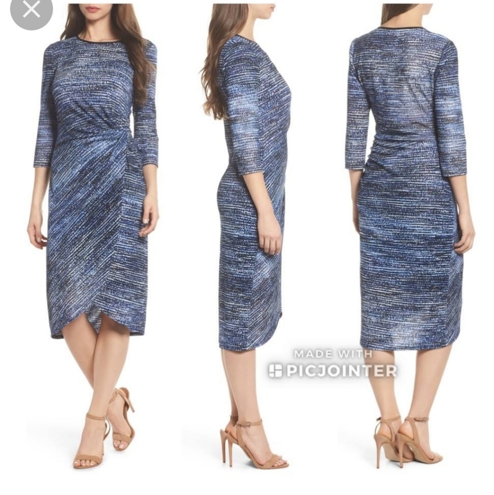 Maggy London Blue Midi Dress Side Ruche Sheath
